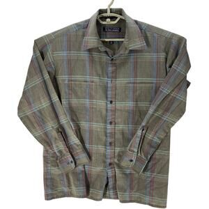 Van Heusen Button Up Shirt Mens Size L Gray Blue Pink Plaid Retro MISSING BUTTON